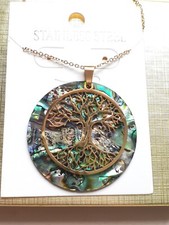 Tree of Life Stainless Steel Abalone Shell Necklace Chain Pendant w gift box NEW