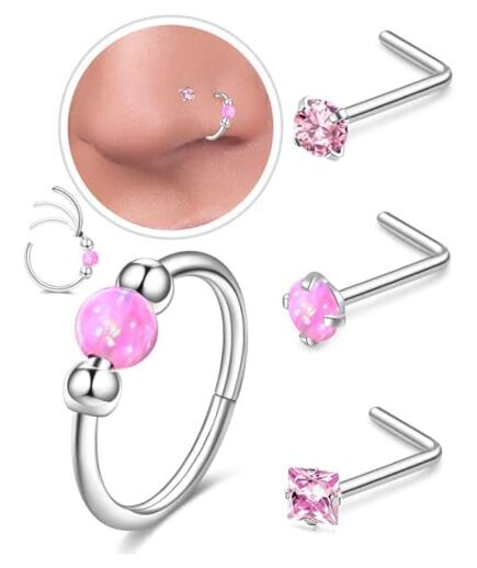 Pink Opal Nose Rings Hoop and L-Shaped Nose Studs Silver Pink Opal,18G-8mm Hoop