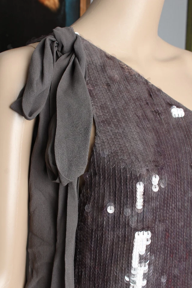 Alice + Olivia Grau Seide Pailletten Schleife Detailliert Schulterfrei Tank Top - Bild 2 von 4