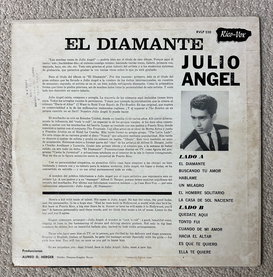 Julio Angel El Diamante LP Vinyl Rico-Vox RVLP-520 VG/VG - Image 2 of 4