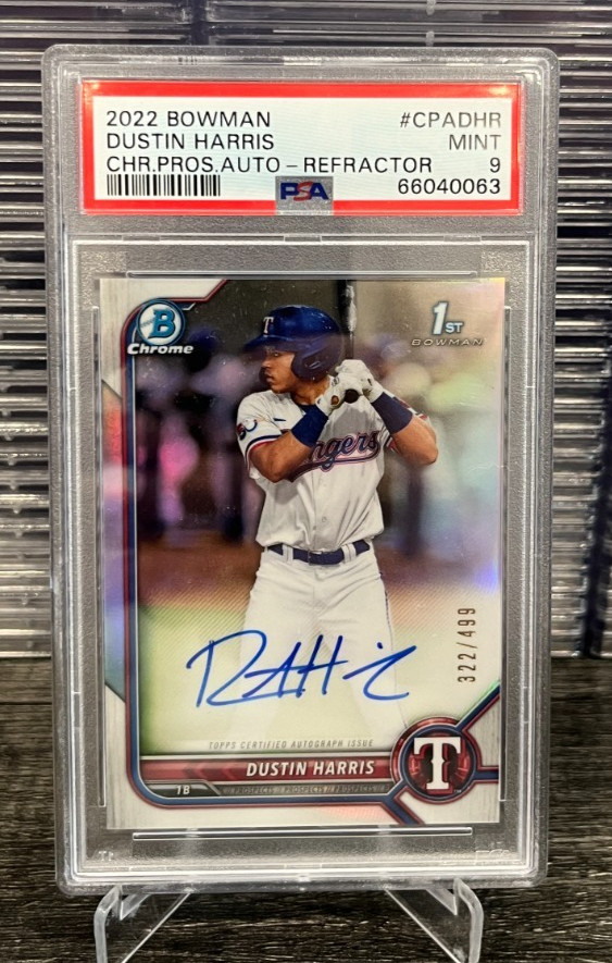 2022 Bowman Chrome Dustin Harris 1st Rookie Refractor Auto #d 322/499 PSA 9