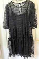 boohoo Black Sheer Mesh Polka Dot Fit & Flare Dress 3/4 Sleeve Size 8