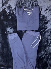 Fabletics Blue Solid Scrub Set V-Neck Top Jogger Pants Size M