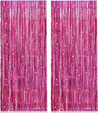 2 Pack 3.2Ft X 8.2Ft Pink Metallic Tinsel Foil Fringe Curtains Backdrop for Pink
