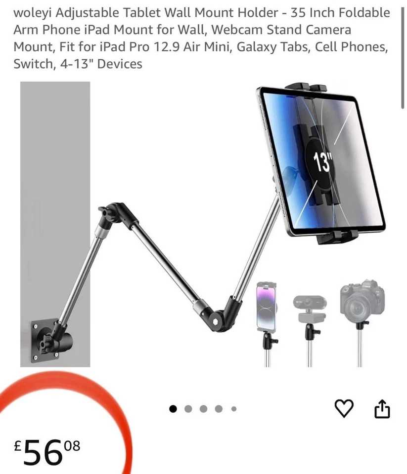 Wall Tablet Mount Phone Holder 360 Rotation GoPro Insta360 35in Long Metal Arm - Image 3 of 4