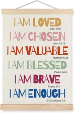 Boho Motivational Christian Wall Art Poster Hanger Frame, I Am Loved Bible Verse