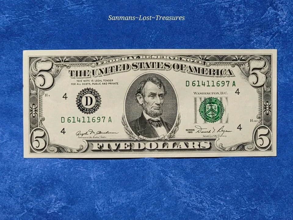 $5 Five Dollar 1981 Federal Reserve Note (UNCIRCULATED) CRISPY NOTE #D61411697A - Image 4 of 4