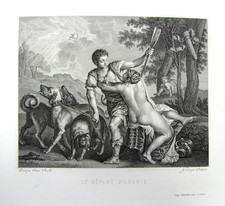 Gravure Le départ d'Adonis c1835 d'après Titien Vecelli Delignonl Chardon ainé