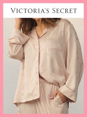 NEW Victoria s Secret Satin Long Pajama Set Pants Top Champagne Toast Size M