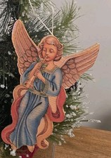 Vintage Silvestri Victorian Paper Angel Christmas Ornament Die Cut Over Wood 7"
