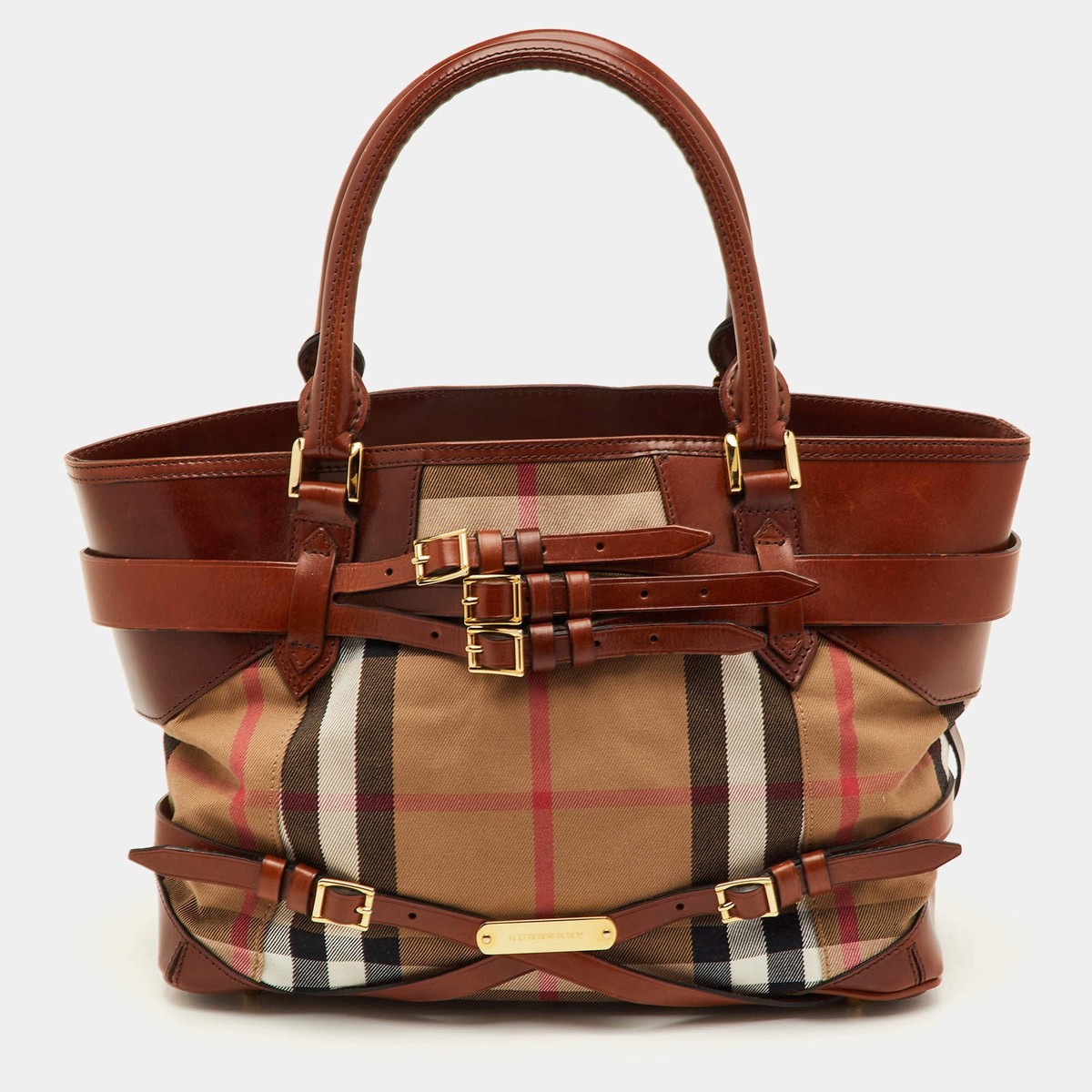 バッグ Burberry House Check Leather Tote Bag Burberry Bridle Lynher Brown House Check Fabric and Leather Tote