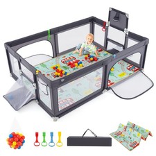 Baby Playpen Large Safe Play Yard Fun Activity Center w/Mat,Soccer Net Dark Grey
