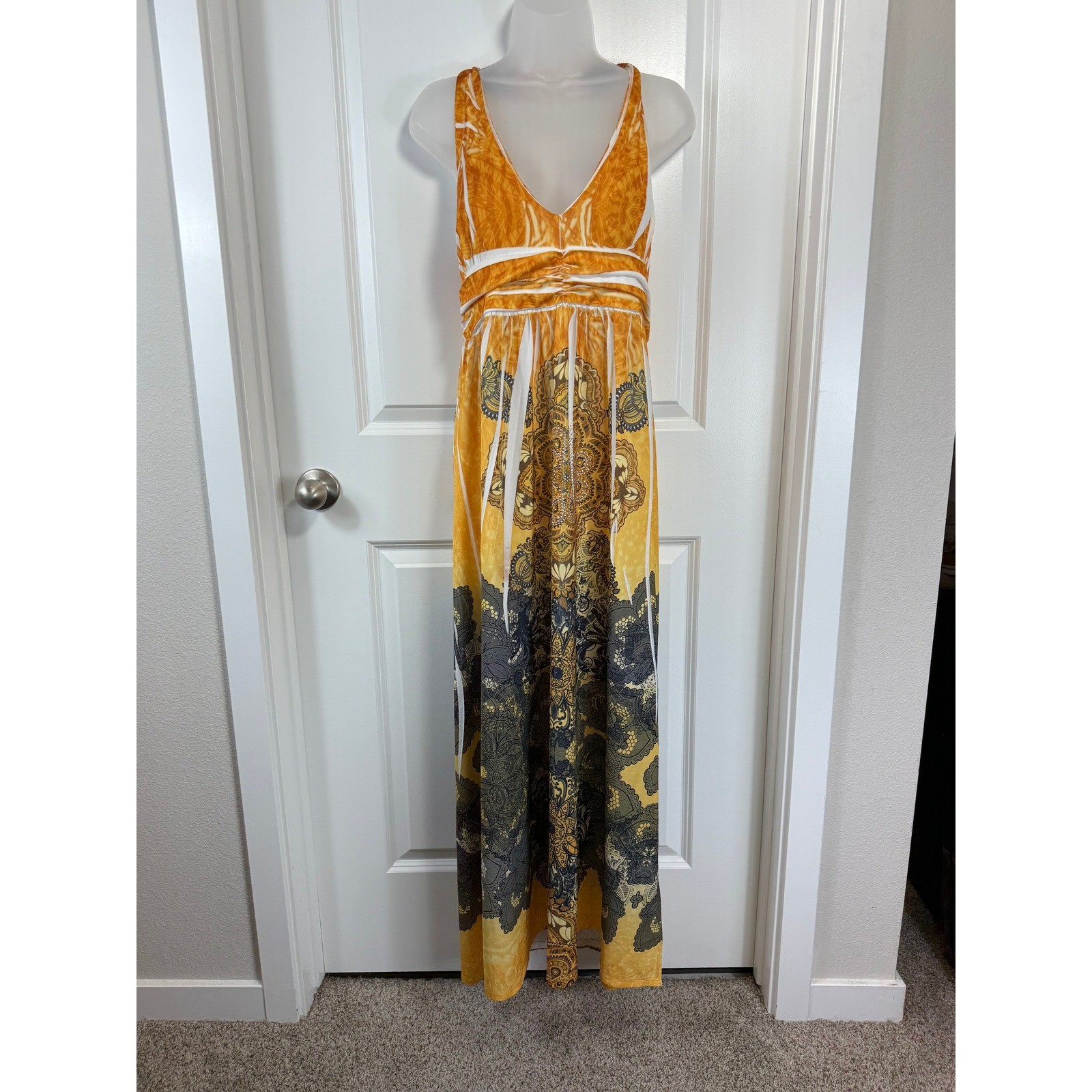 InGear Womens Yellow Orange BOHO Mandala Rhinestone Beaded Maxi Dress Large