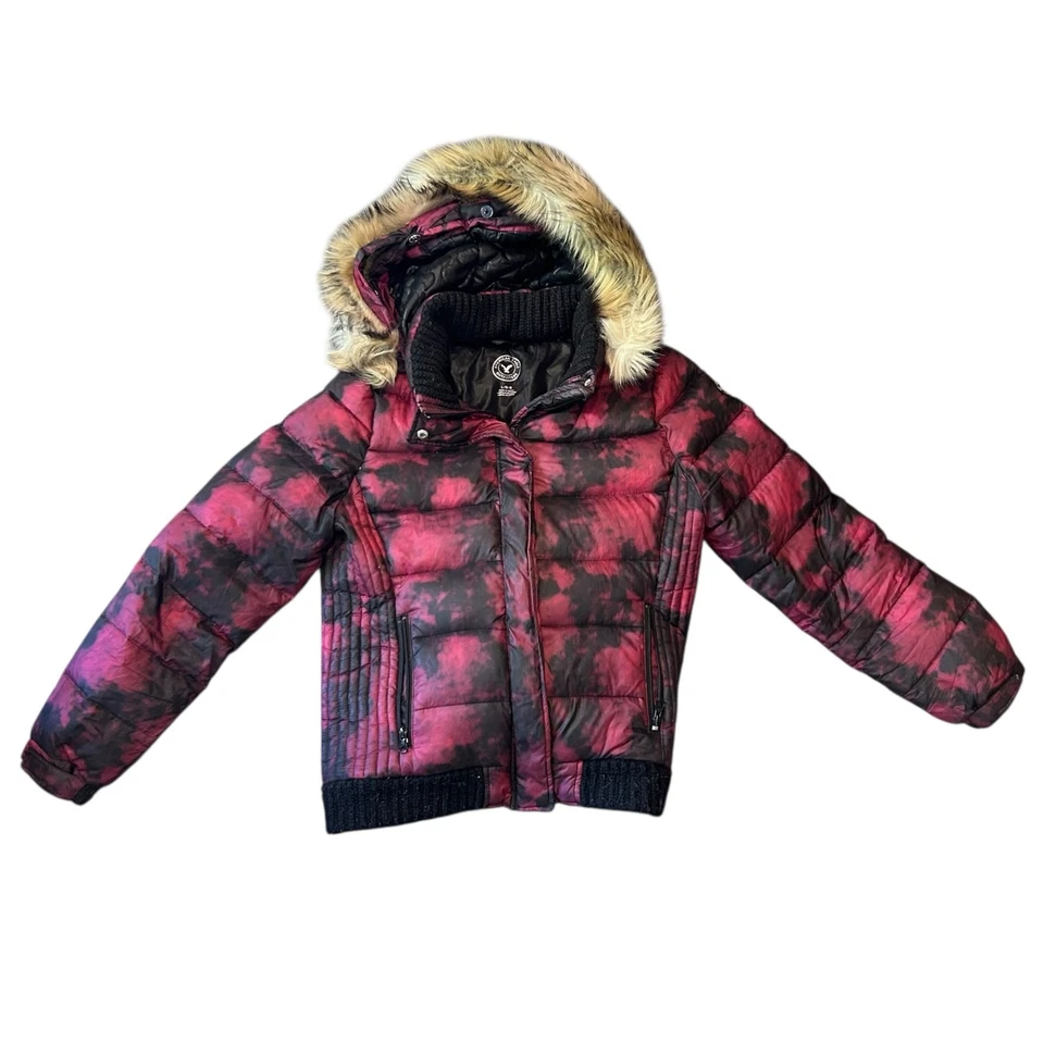 American Eagle Down Puffer Coat Faux Fur Hood Pink Black Women’s Large Winter - Image 2 of 4