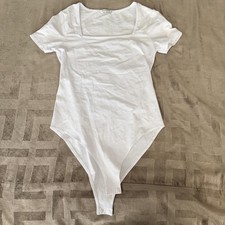 MANGOPOP Bodysuit Womens Medium White Short Sleeve Square Neck Stretchy Basic