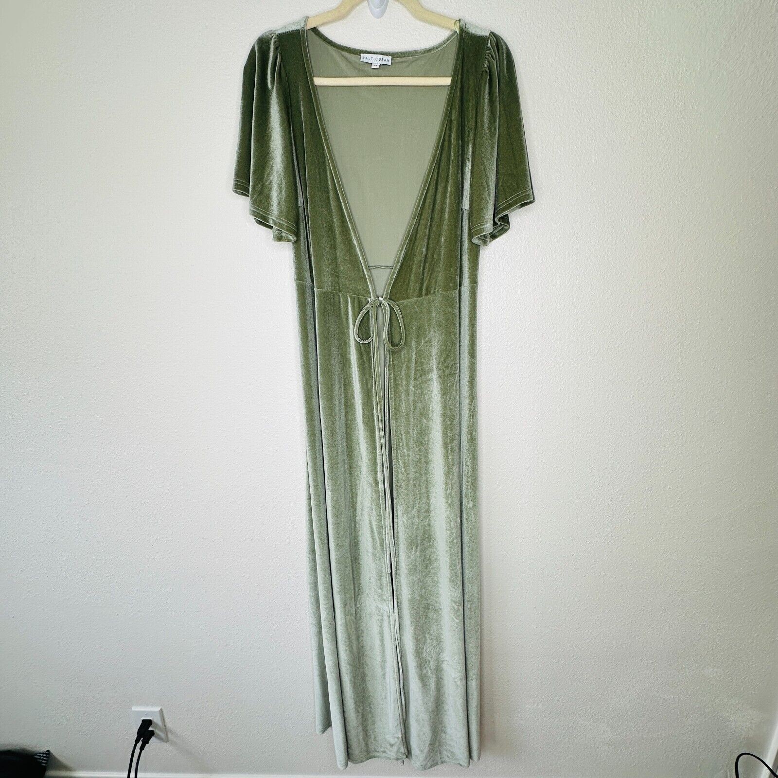 Baltic Born Light Sage Green Velour Short Flutter Sleeve Maxi Wrap Dress XS