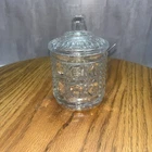 Vintage Federal Glass Clear Sugar Bowl Jam Jar w/Lid & spoon Button & Cane