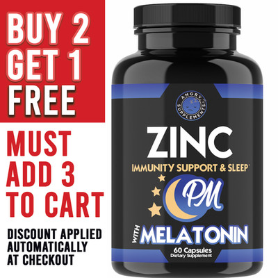 Angry Supplements Zinc PM Immunity + Melatonin 2.5mg 60 Capsules Sleep Aid Pills