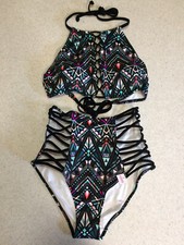VICTORIA'S SECRET Aztec Crisscross High Neck Swim Bikini Top Strappy Bottom S