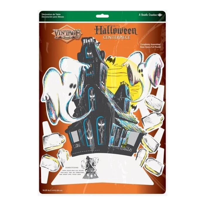 Centro de mesa Beistle Vintage Halloween 14,25 pulgadas casa embrujada tejido con lápidas Foto 2 de 2