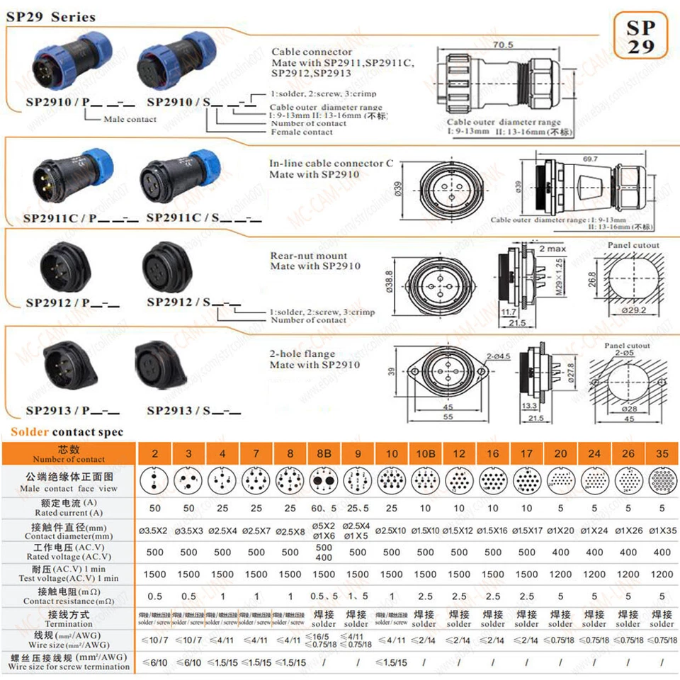 SP29 Weipu 2 3 4 7 8 9 10 12 16 17 20 24 26 35Pin Waterproof Connector LED Plugs - Image 2 of 4