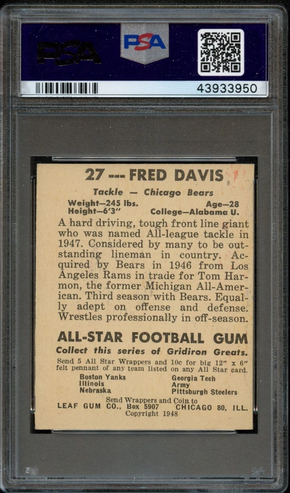 FB - 1948 Leaf -  #27 - Fred Davis Yellow Background - PSA 6 - EX-MT - Image 2 of 2