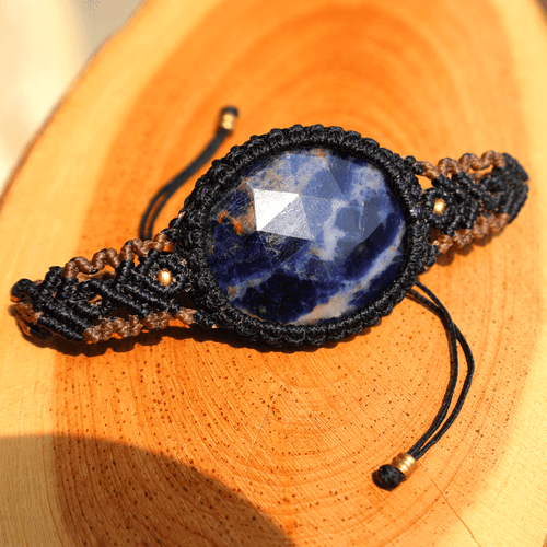 Hand Crafted Natural Faceted Sodalite Micro Macrame Cuff Reiki Gemstone Bracelet - Picture 6 of 10