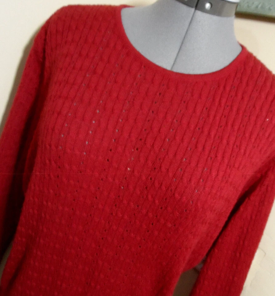 Suéter Top LIZ CLAIBORNE Mezcla de Lana Merino Tejido con Cable PM Rojo Cuello Redondo LS Foto 2 de 4