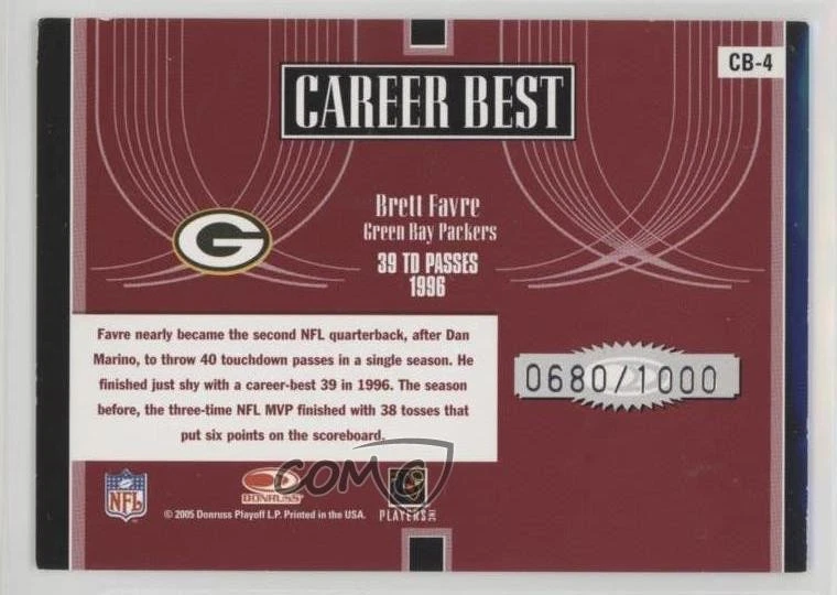 2005 Donruss Elite Career Best /1000 Brett Favre #CB-4 HOF - Image 2 of 2