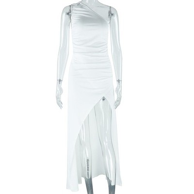Fashion Solid Color Diagonal Collar Exposed Shoulder Sleeveless Split Dress