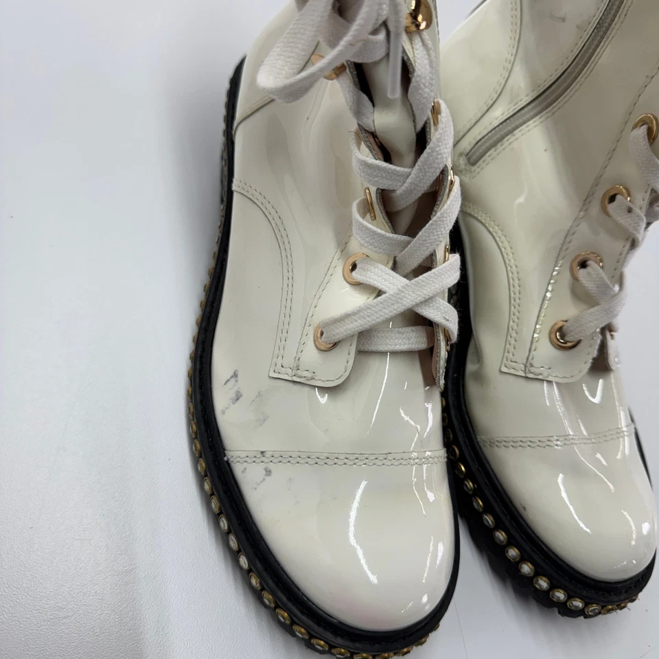 Schutz Boots Womens Size 8B White Andorra Patent Leather Studded Combat - Image 3 of 4