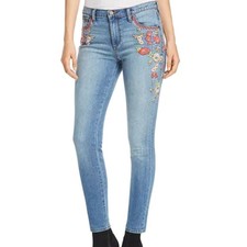 Johnny Was Embroidered Skinny Jeans Indigo Wash Mid Rise Stretch Denim Bohemian