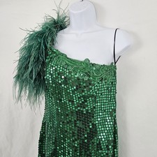 Vtg Sequin Prom Dress Party Gown Size 9/10 Emerald Green Feathered One Shoulder