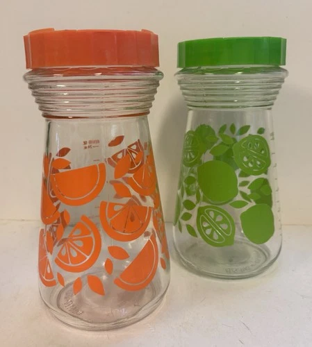 Vintage Set of Glass Juice carafe/pitcher/container lid Featuring Lime & Orange