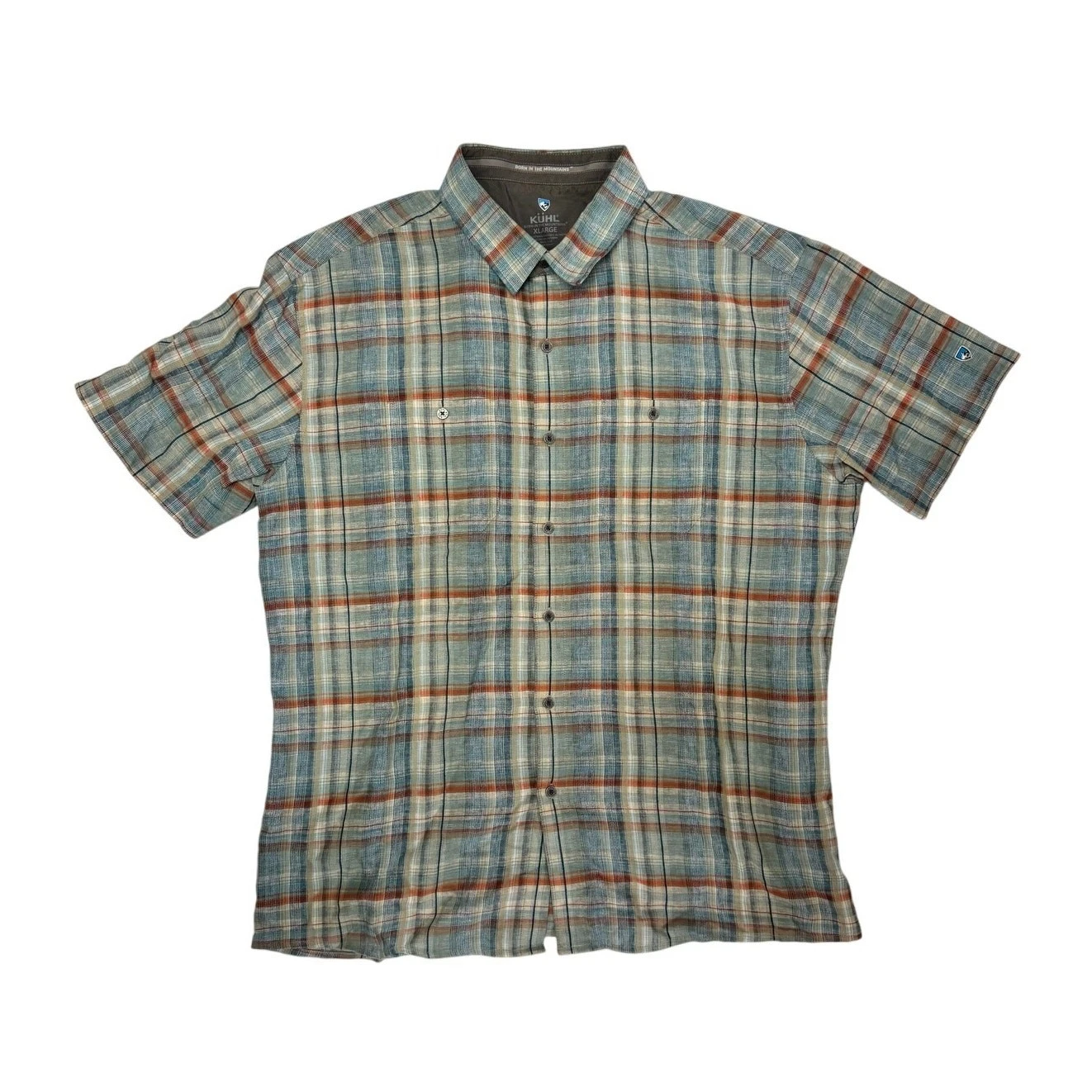 Kuhl Skorpio Linen Button Up Shirt Mens Sz XL Blue Yellow Plaid Outdoors Casual