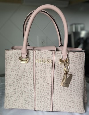 GUESS Pink Monogram Satchel Top Handle, Zip, Detachable Adjustable Strap NEW