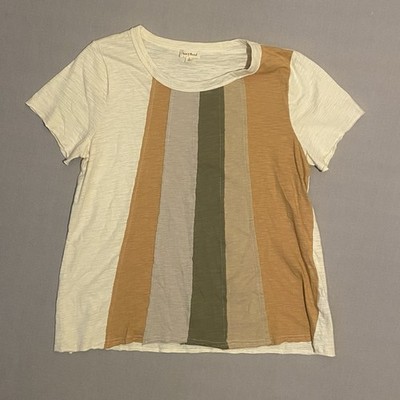 Hem & Thread Top Women L Brown Mixed Shades Raw Hem Pullover Short Sleeve Boho