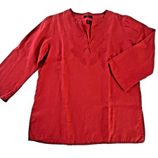 Chaps Women's L 100% Linen Tunic Red Embroidered 3/4 Sleeve Southwestern Coastal