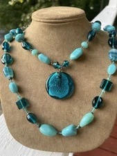 Two Art Glass Murano Style Beaded Necklaces Teal Tone