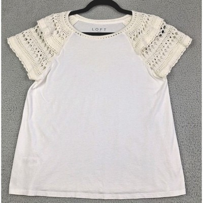 LOFT Top Womens Small White Knit Ivory Crochet Flutter Sleeve Boho Cottagecore