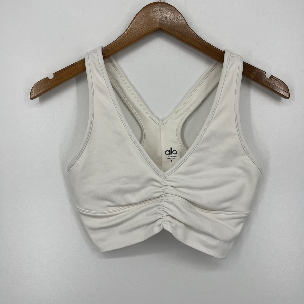Alo Yoga Sports Bra Women's Size S White V-Neck Stretch Solid Logo