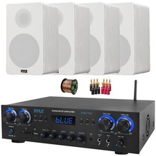 Pyle PDA77BU USB SD MP3 Amp Receiver, 4x 6.5 240W White Speakers, Banana Plugs