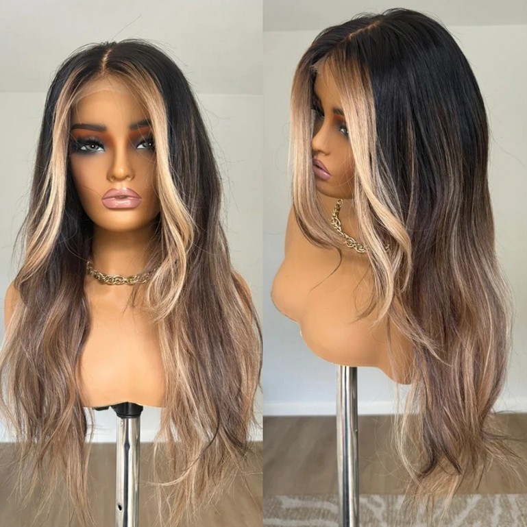 Ombre Blonde Brown Highlights 100% Human Hair 13x4 Lace Wig for Fashion Women