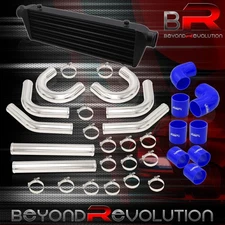 Universal 27"x7" Black Intercooler 2.5" Piping Kit Chrome + Clamps Couplers Blue