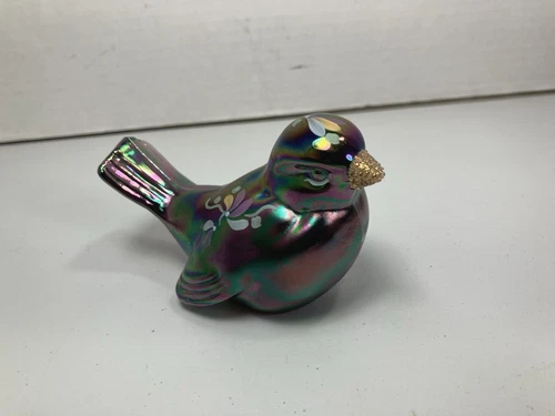 Fenton Blue Iridescent Carnival Glass Bird 4" Floral Hand Painted by J.A.Green