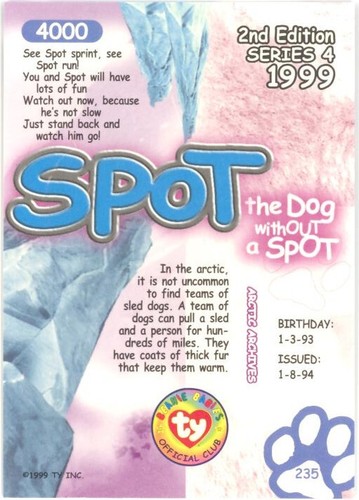 TY Beanie Babies BBOC Card Serie 4 Common Spot il cane senza macchia NM/Mint - Foto 2 di 2