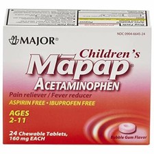 Major Children's Mapap Bubblegum Chewable Tabs 160 mg 24 Tabs Box of 24