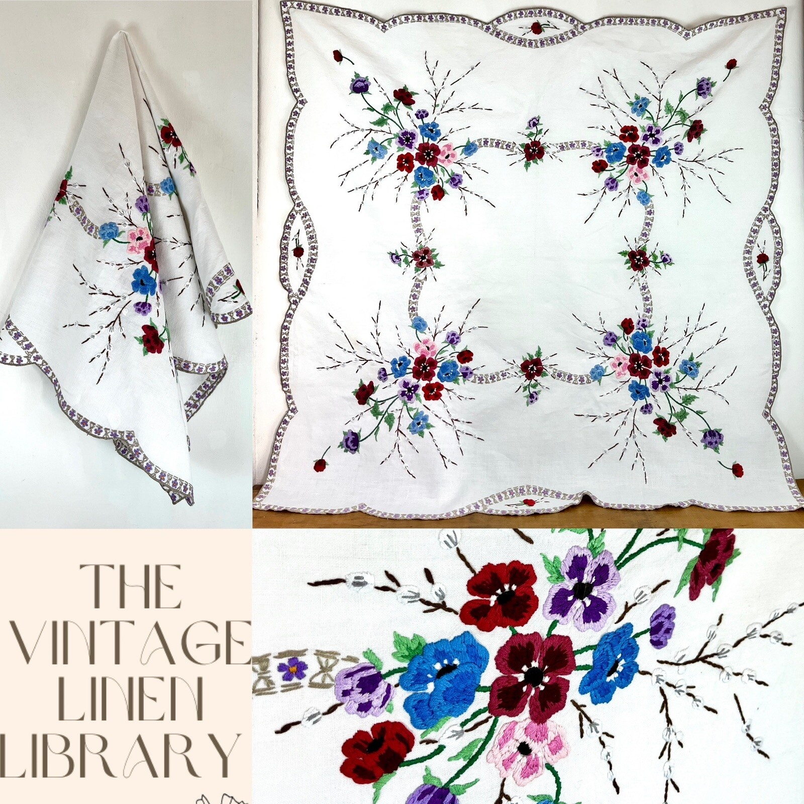 Vintage Tischdecke handbestickt Blumenschnitt Fairistych Stil 44 Zoll x 44 Zoll