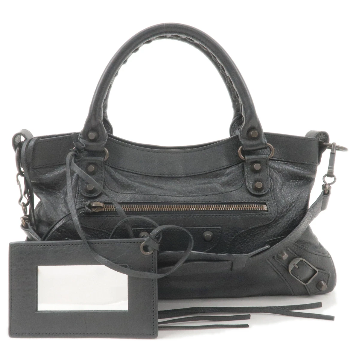 Auth BALENCIAGA The First 2Way Bag Hand Bag Black Leather 103208