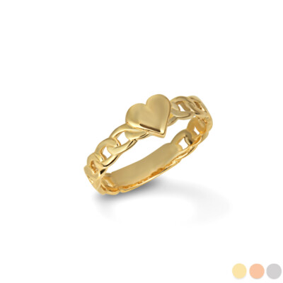 Gold Heart Cuban Chain Link Love Ring (Available in Yellow/Rose/White Gold)